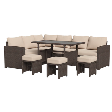 YODOLLA  7-Pc Patio Set, Brown Rattan & Khaki Cushions