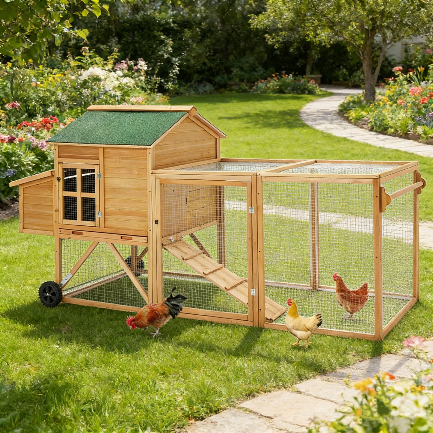 YODOLLA  96" Chicken Coop with Wheels, Large Outdoor Wooden Chicken Coop Chicken Run Pet Hutch Hen House with Run,Nesting Boxes, Ramps, Easy-Cleaning Tray for 6 Chickens