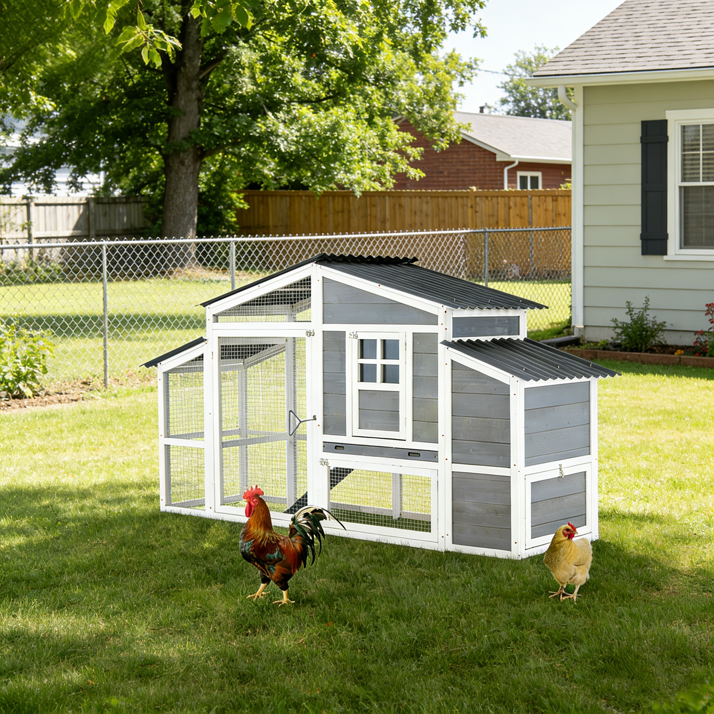 YODOLLA 81” Large Chicken Coop Wooden Hen House Poultry Cage, Grey & White