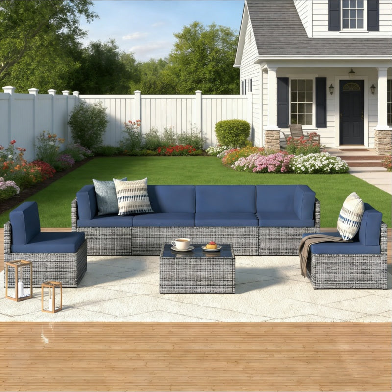 YODOLLA 7 Piece Outdoor Patio Furniture Set with 30 Inch Fire Pit Table, Gray Rattan Dark Blue Cushion