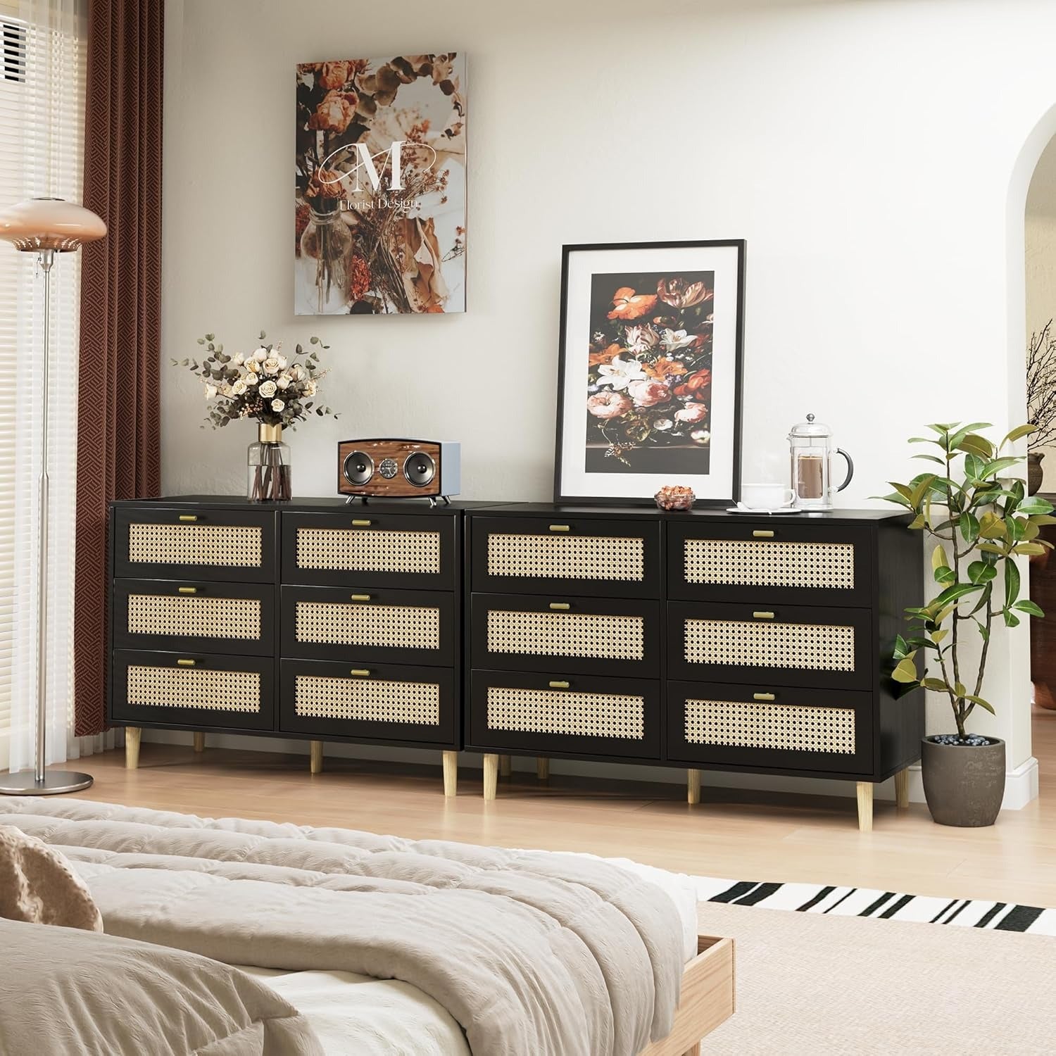 YODOLLA 6-Drawer Wicker Dresser Rattan Storage with Natural Wood, Black YODOLLA 6-Drawer Wicker Dresser Rattan Storage with Natural Wood, Black