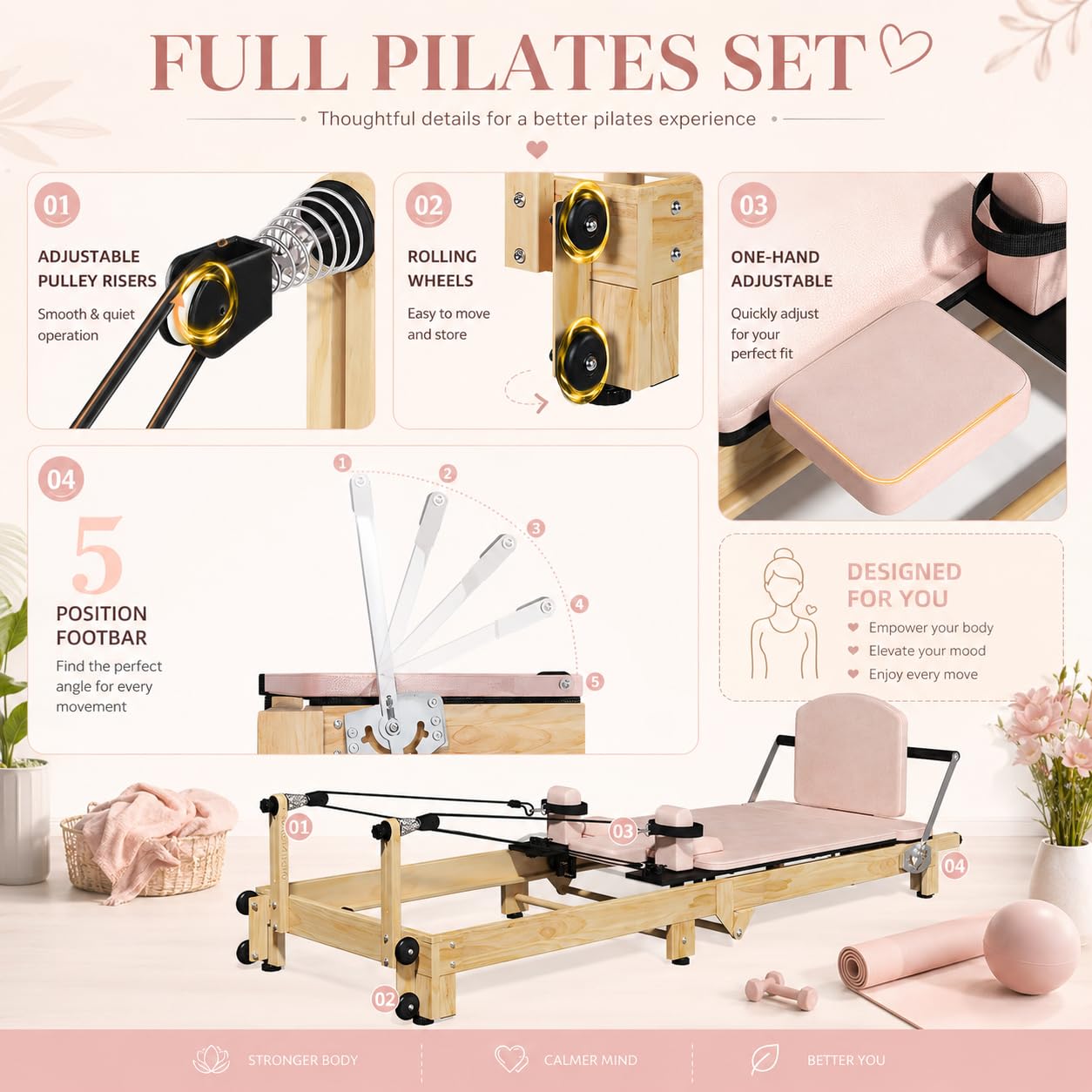 YODOLLA  92" Pilates Reformer Foldable Wooden-Look Pilates Machines for Gym