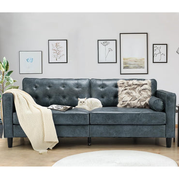 YODOLLA 84.2" 3-Seats Large Sofa Couch Couch, Faux Leather Blue