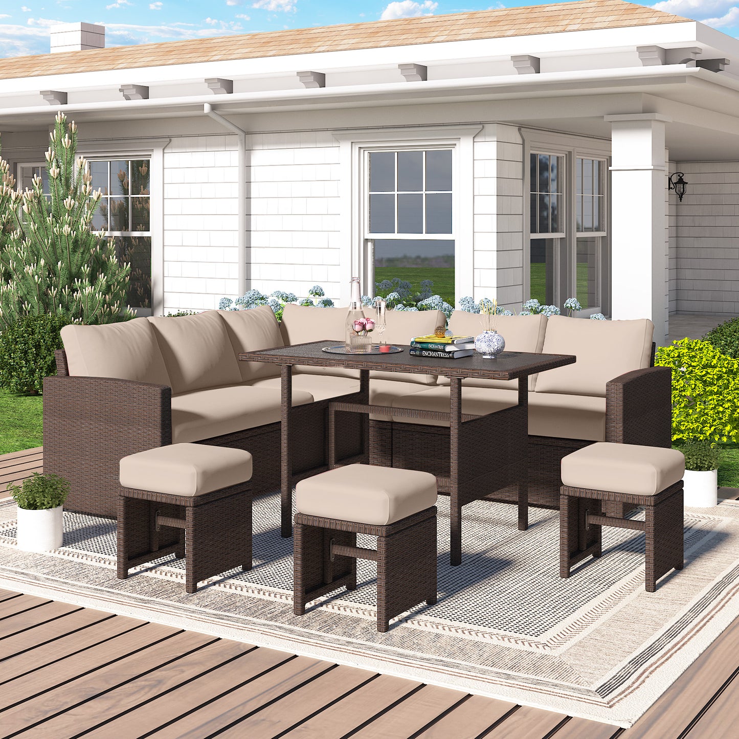YODOLLA  7-Pc Patio Set, Brown Rattan & Khaki Cushions