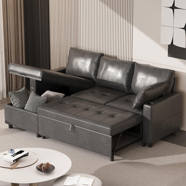 YODOLLA Faux Leather L-Shaped Sleeper Sofa, Pullout Bed, USB & Storage, Black