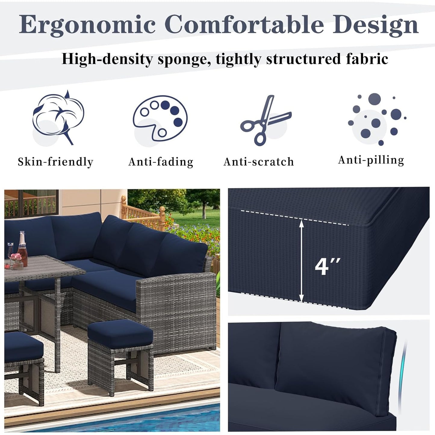 YODOLLA Memory Foam Cushions and Covers (Navy)
