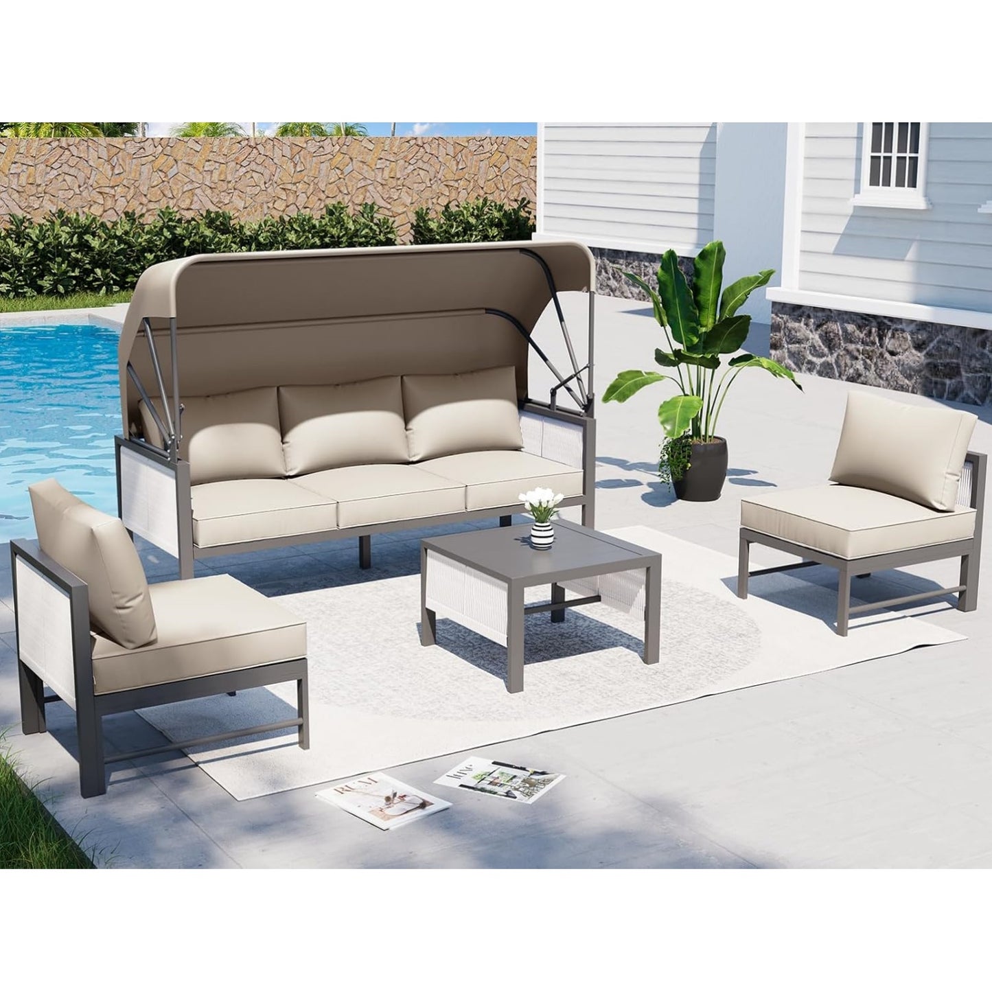 YODOLLA 4 Pieces Aluminum Patio Furniture Set, Retractable Canopy, Beige