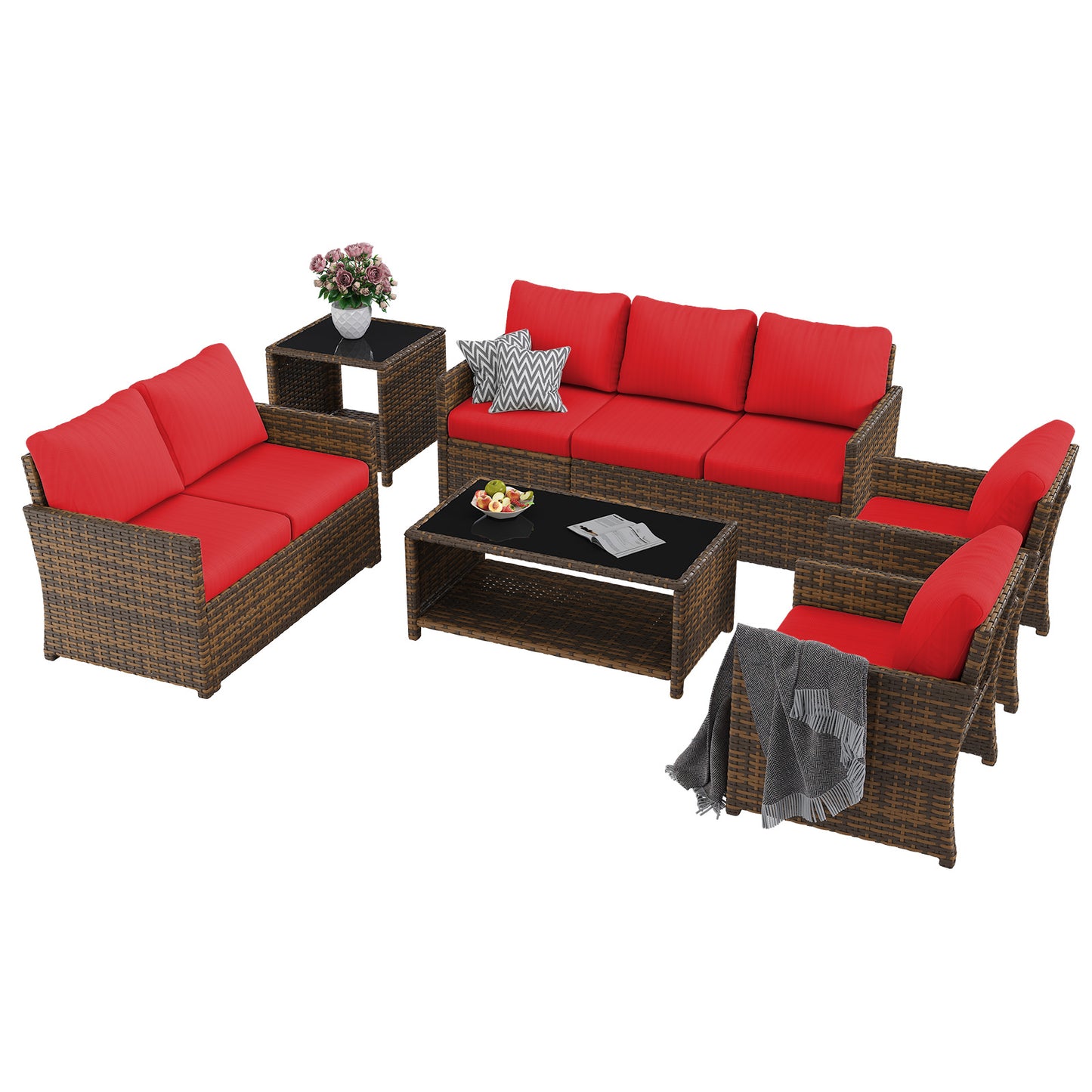 YODOLLA Patio Furniture Set with Two Table 7 PCS Outdoor Furniture, Brown Ranttan Red Cushion