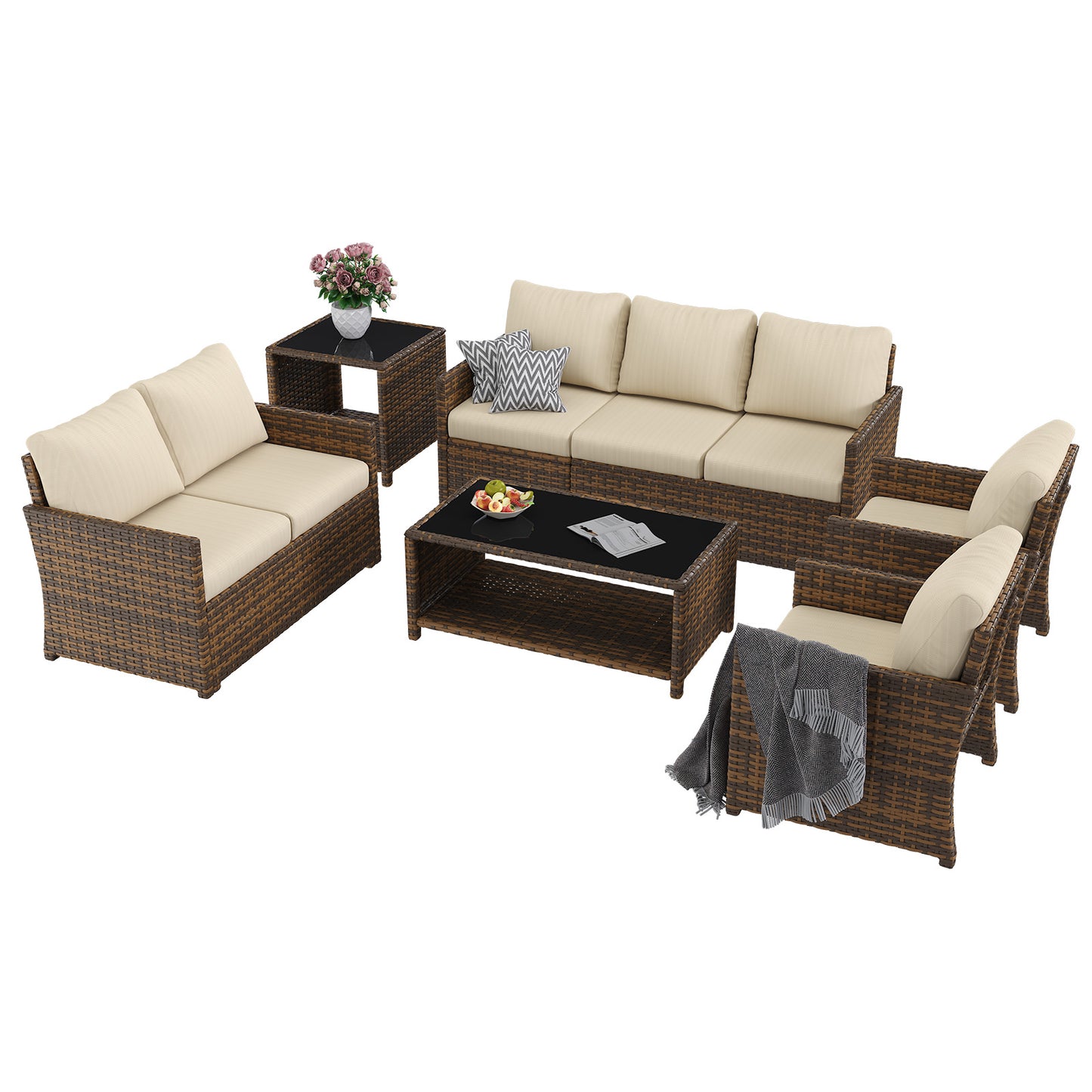 YODOLLA Patio Furniture Set with Two Table 7 PCS Outdoor Furniture, Brown Ranttan Beige Cushion