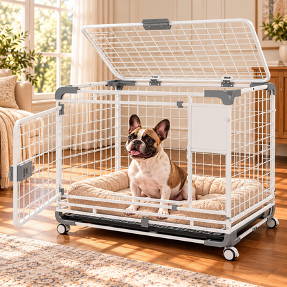 YODOLLA 30" Metal Wire Dog Crate for Small Dogs with Wheels, White