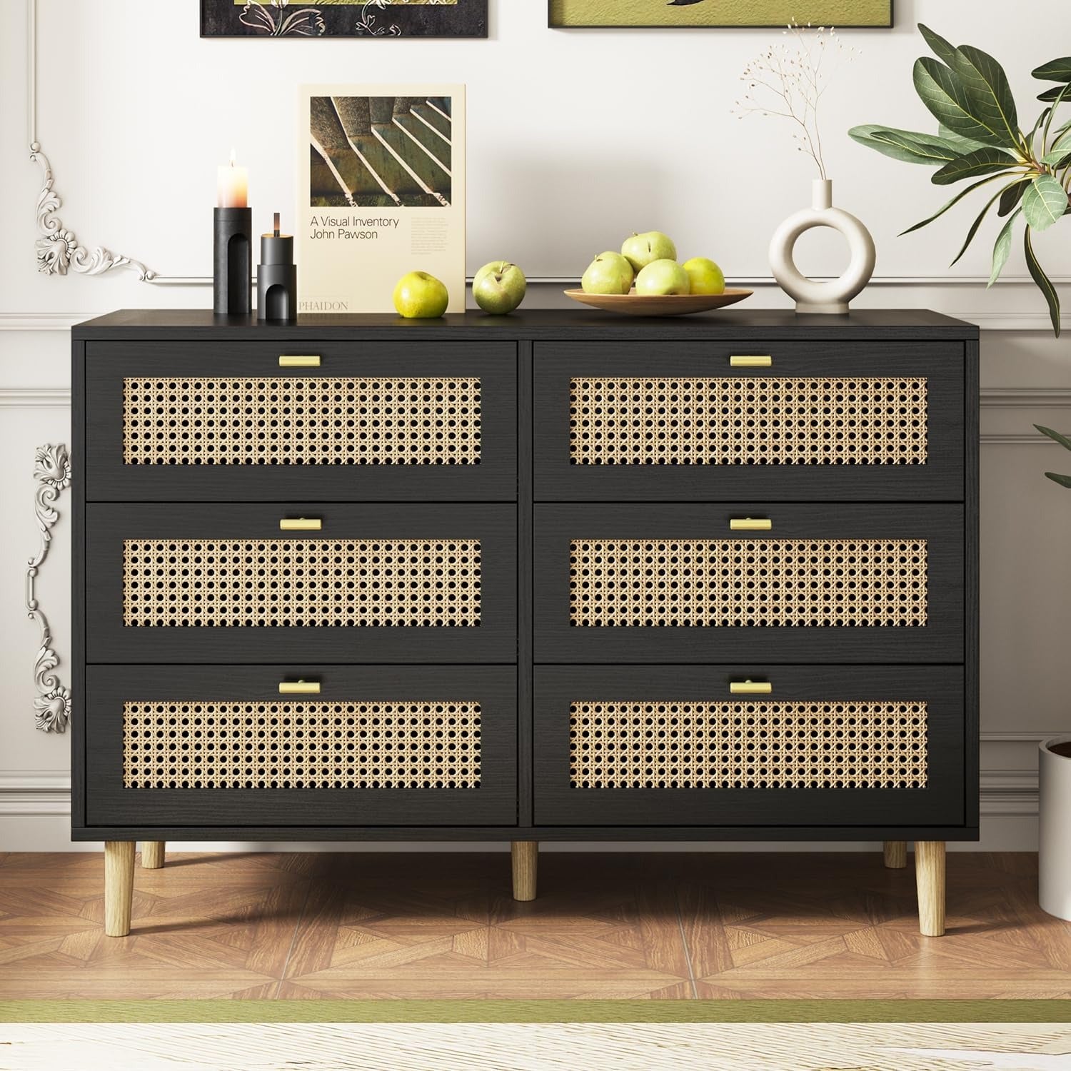black and natural wood dresser YODOLLA Wicker 6 Drawer Rattan Dresser, The Peterson Dresser perfectly campaign:WCW Wearing Ankle Boots with Size:US 14 W
