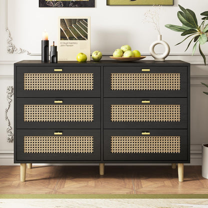 YODOLLA 6-Drawer Wicker Dresser – Rattan Storage with Natural Wood, Black YODOLLA 6-Drawer Wicker Dresser – Rattan Storage with Natural Wood, Black