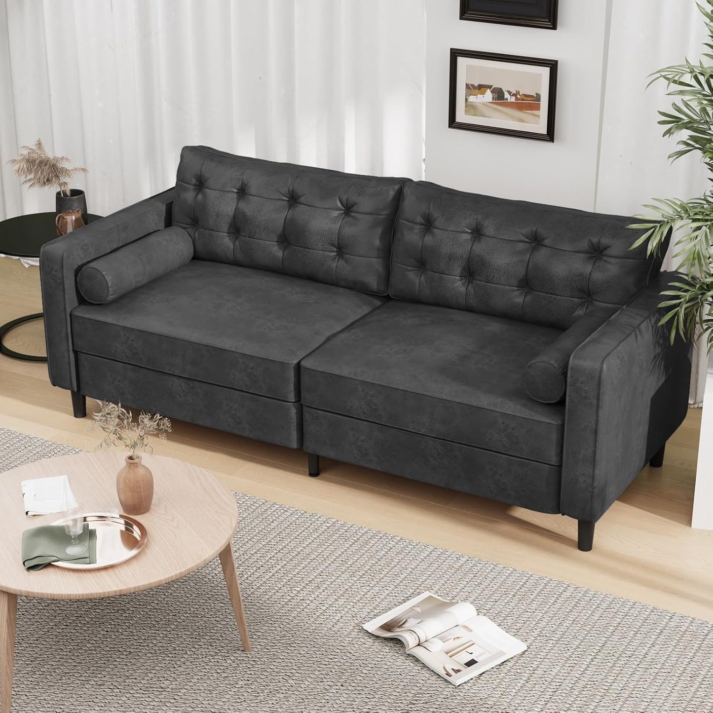 YODOLLA 84.2" 3-Seats Large Sofa Couch Couch, Faux Leather Black