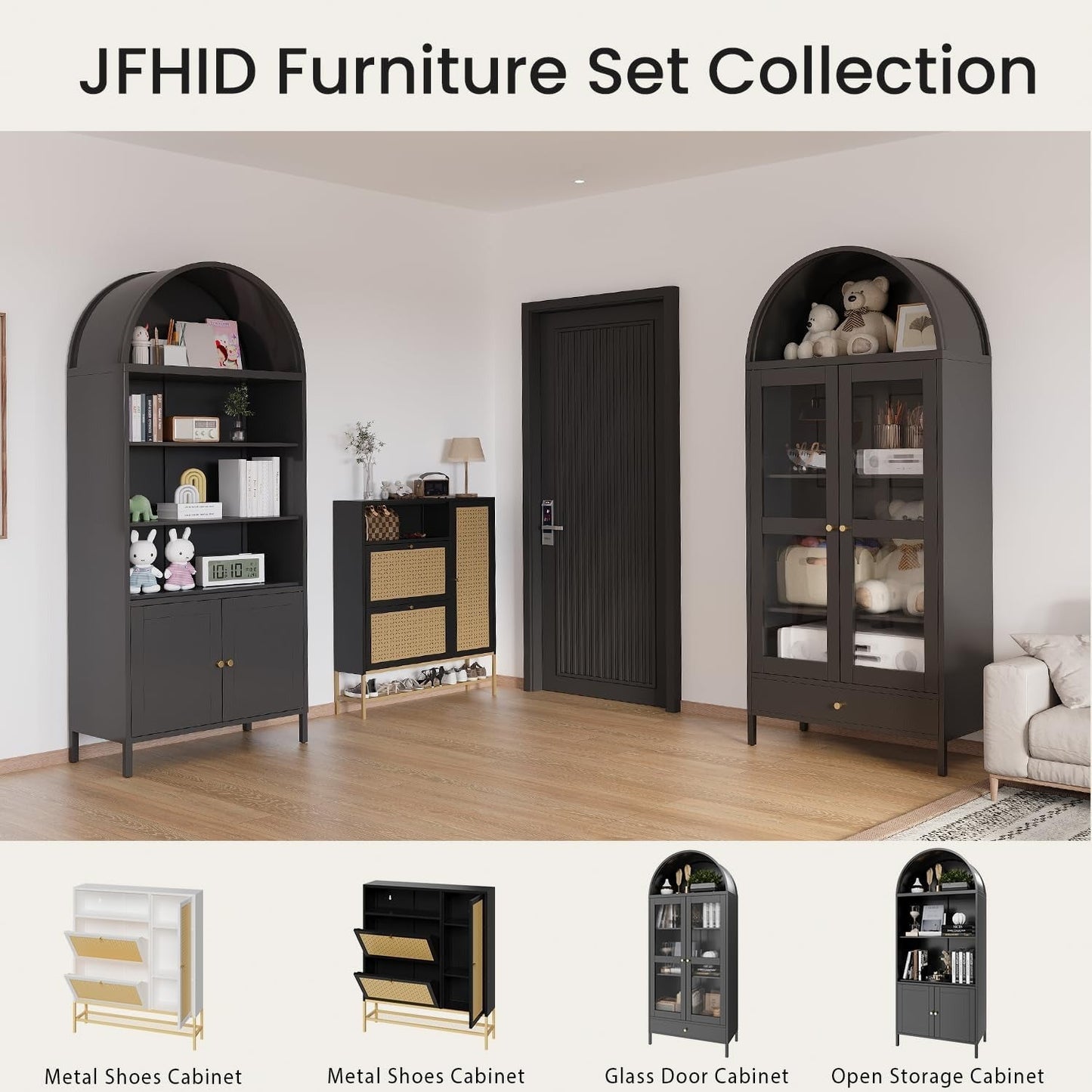 YODOLLA 73'' Arched Cabinet, Metal Kitchen Pantry with Adjustable Shelves, Modern Arched Storage Bookcase Display Cabinet