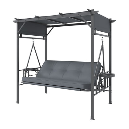 YODOLLA 2-in-1 Convertible Porch Swing Bed 3 Seat, Outdoor Patio Metal Pergola Swing