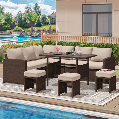 YODOLLA  7-Pc Patio Set, Brown Rattan & Khaki Cushions