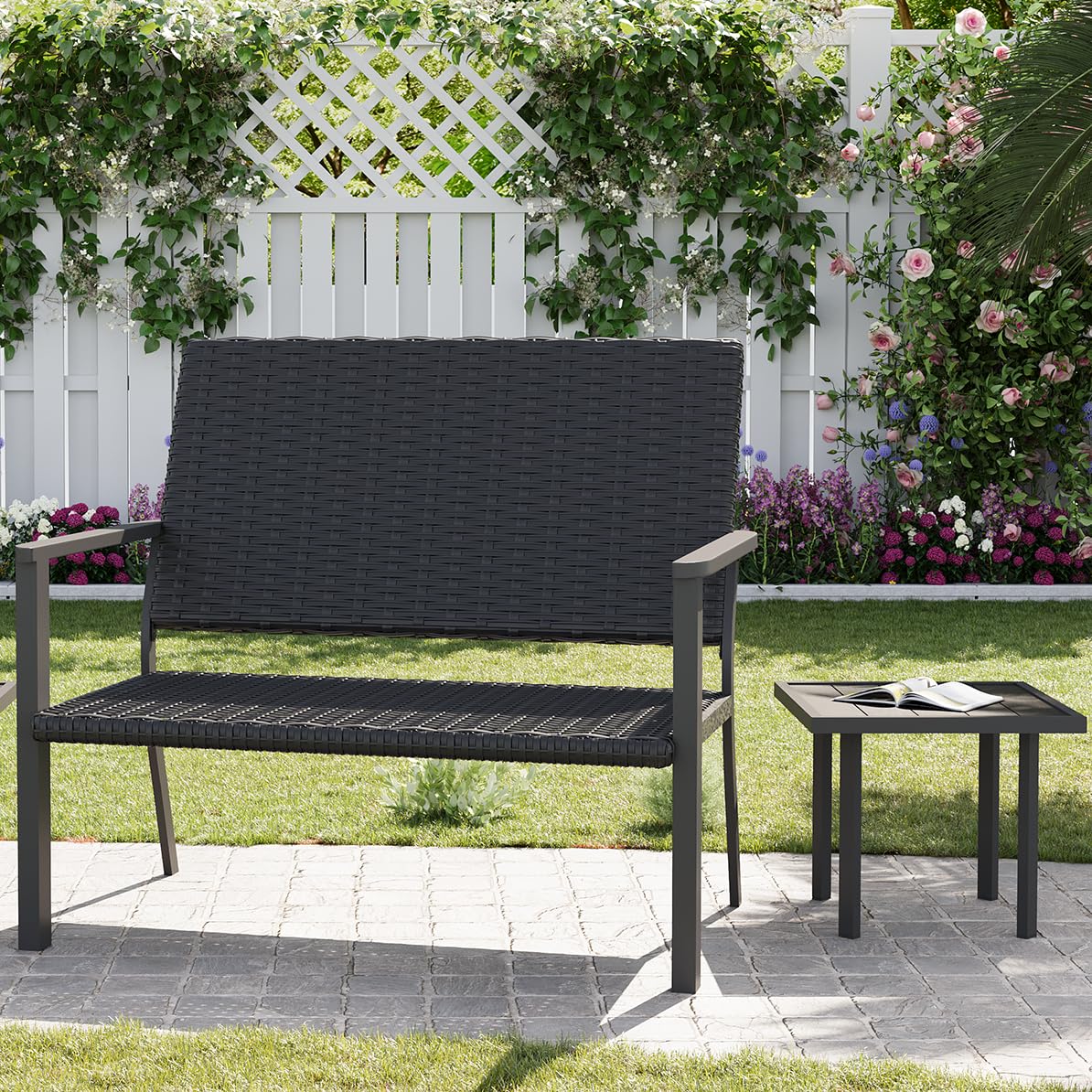 YODOLLA Outdoor Dining Set, Metal Frame Patio 2PCS (Rattan Back Bench+Side Table)