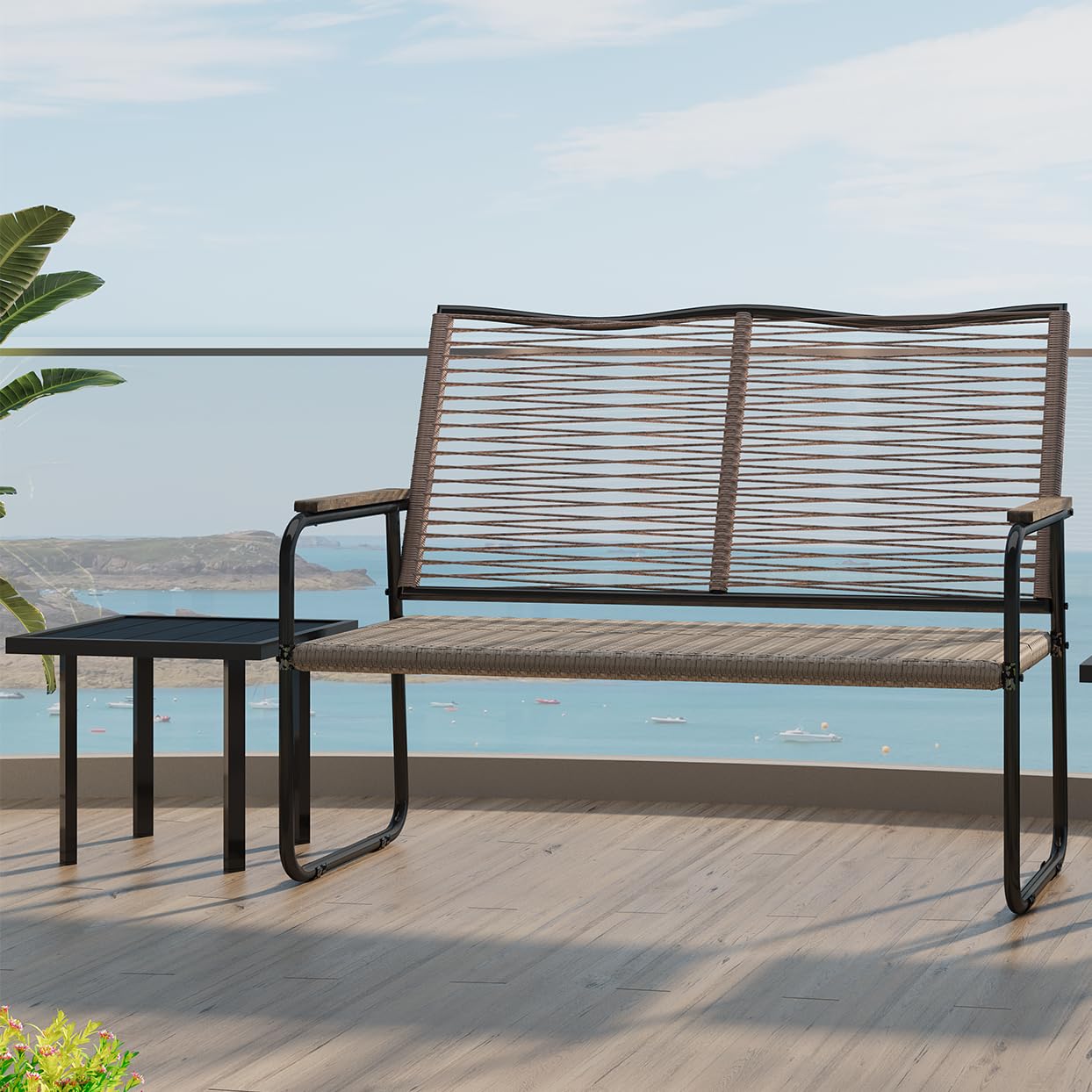 YODOLLA Outdoor Dining Set, Metal Frame Patio 2PCS (Vine Back Bench+Side Table)