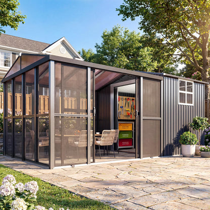 YODOLLA 10x10 Sunroom with 6x10 Shed with Window 2-in-1 Patio Shelter