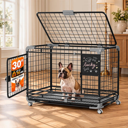 YODOLLA 30" Metal Wire Dog Crate for Small Dogs with Wheels, Black