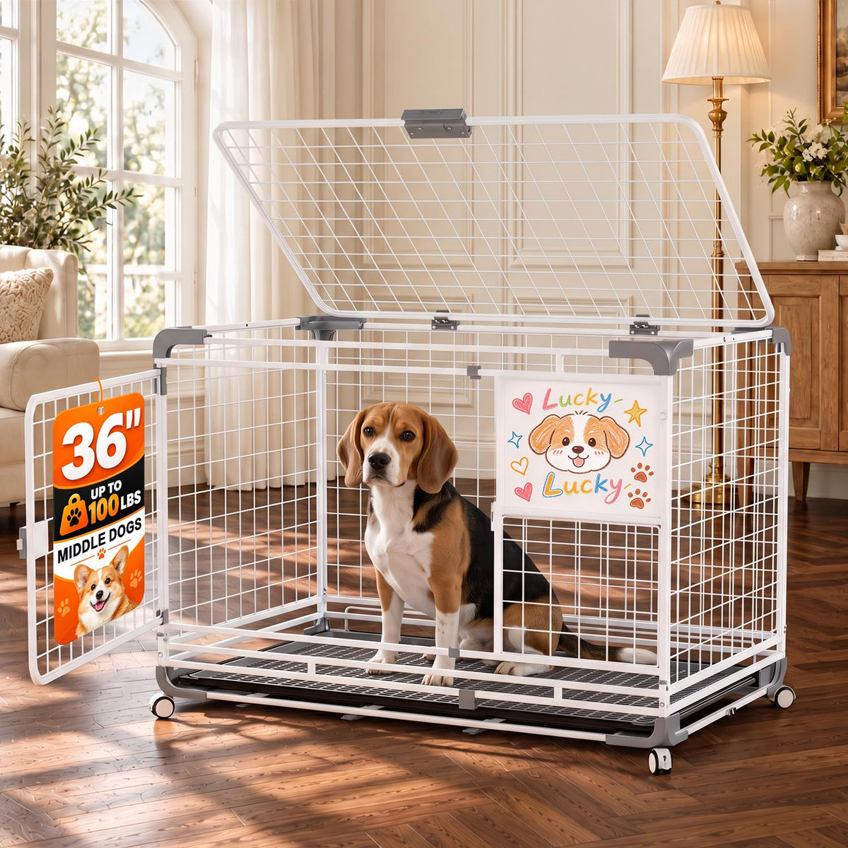 YODOLLA 36" Metal Wire Dog Crate for Medium Dogs with Wheels, White
