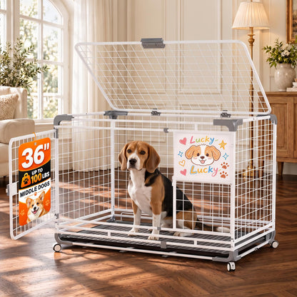 YODOLLA 36" Metal Wire Dog Crate for Medium Dogs with Wheels, White