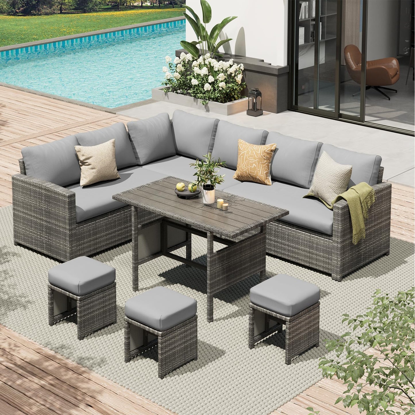 YODOLLA 7-Pc Patio Set, Grey Rattan & Grey Cushion
