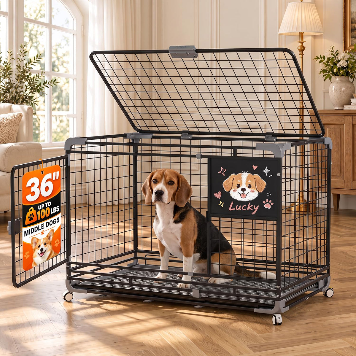 YODOLLA 36" Metal Wire Dog Crate for Medium Dogs with Wheels, Black