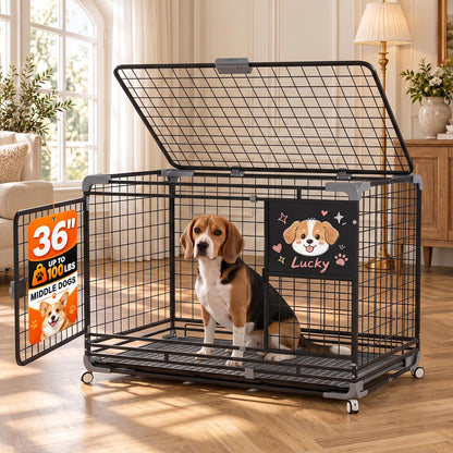 YODOLLA 36" Metal Wire Dog Crate for Medium Dogs with Wheels, Black