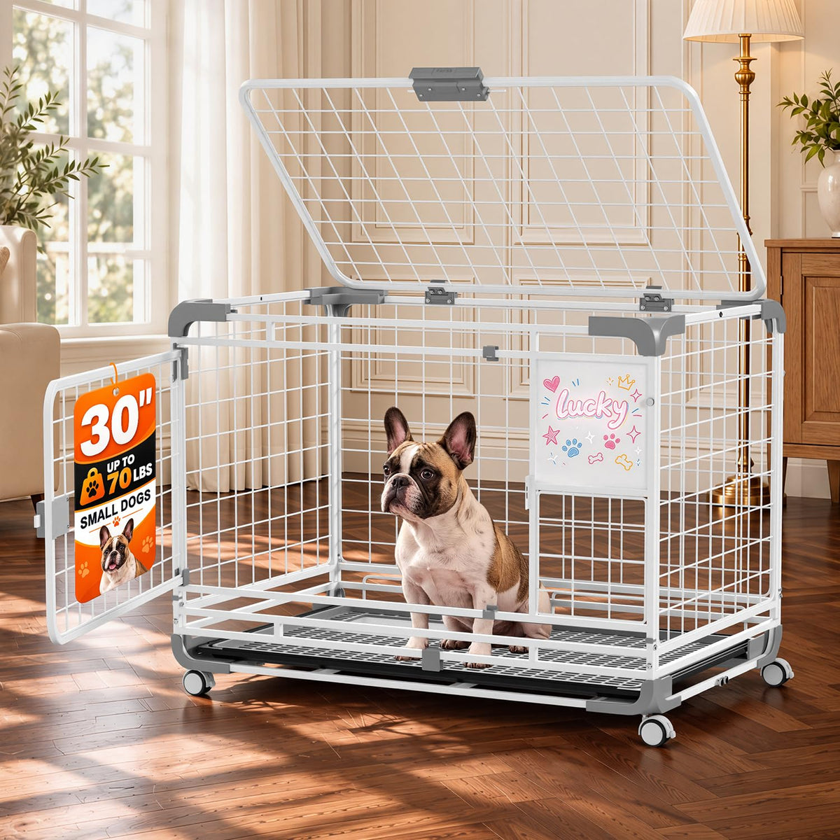YODOLLA 30" Metal Wire Dog Crate for Small Dogs with Wheels, White