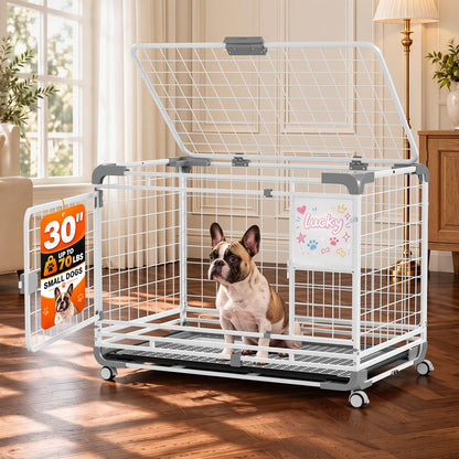 YODOLLA 30" Metal Wire Dog Crate for Small Dogs with Wheels, White
