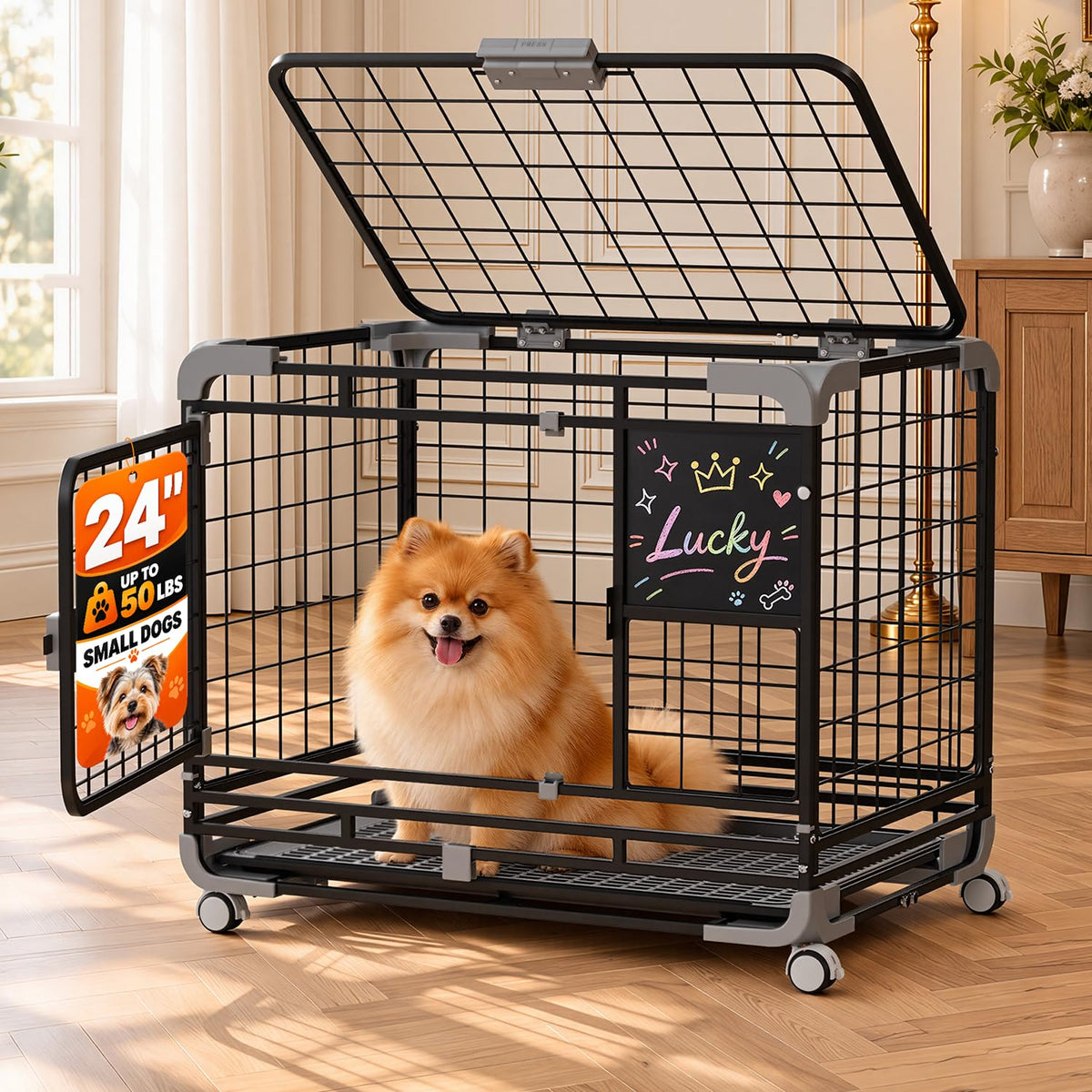 YODOLLA  24" Metal Wire Dog Crate for Small Dogs with Wheels, Black