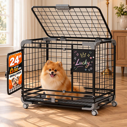 YODOLLA  24" Metal Wire Dog Crate for Small Dogs with Wheels, Black