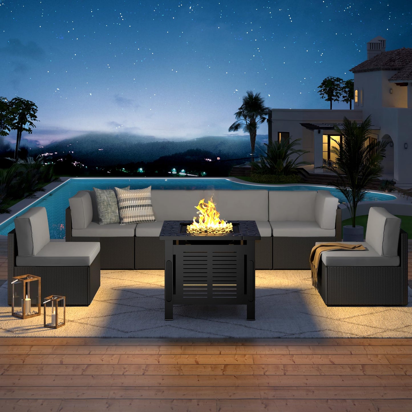 YODOLLA 7 Piece Outdoor Patio Furniture Set with 30 Inch Fire Pit Table, Black Rattan Dark Grey Cushion