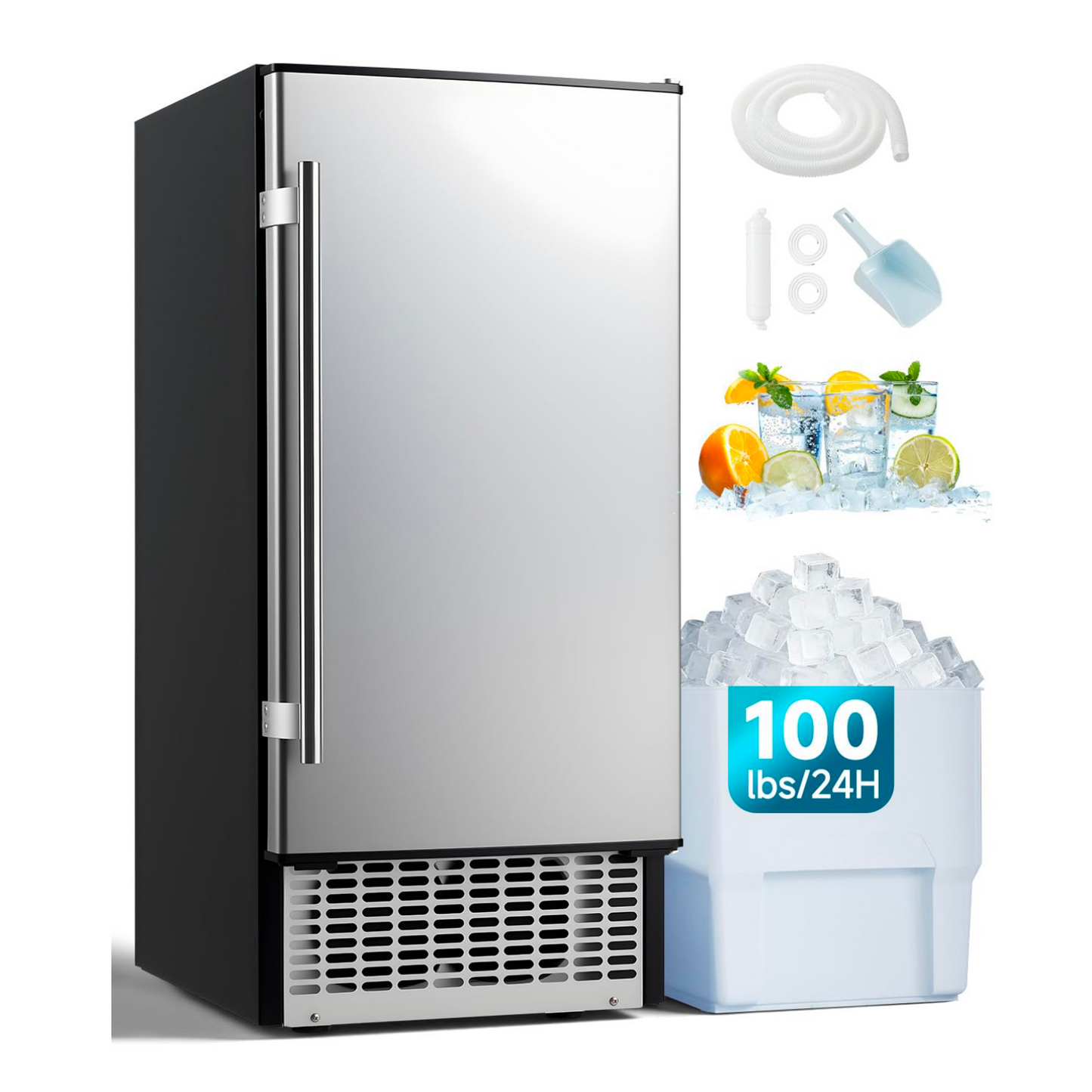 YODOLLA 15''W Commercial Ice Maker 100 lbs/24H, Stainless Steel Under Counter Ice Machine