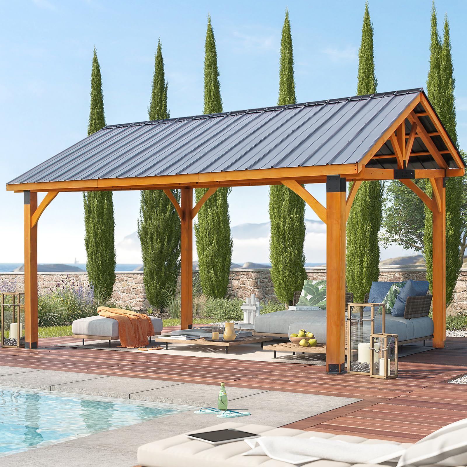YODOLLA Brown 12x14 Wooden Gazebo with Hip Roof