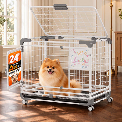 YODOLLA 24" Metal Wire Dog Crate for Small Dogs with Wheels, White