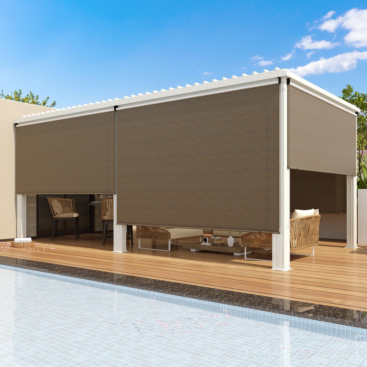 YODOLLA Mocha Outdoor Roller Shade, 220GSM HDPE Cordless Blinds, 99% UV Protection