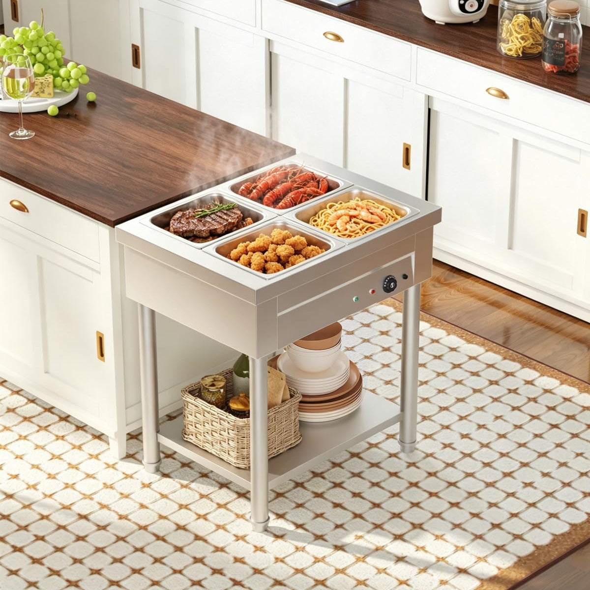 YODOLLA Commercial Food Warmer 1500W Electric Steam Table with 4x10QT Pans & Shelf