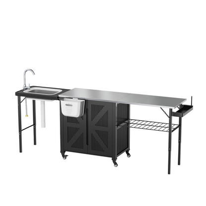 YODOLLA Outdoor Grill Cart Table with Sink, Portable Folding Kitchen Island with Storage Cabinet