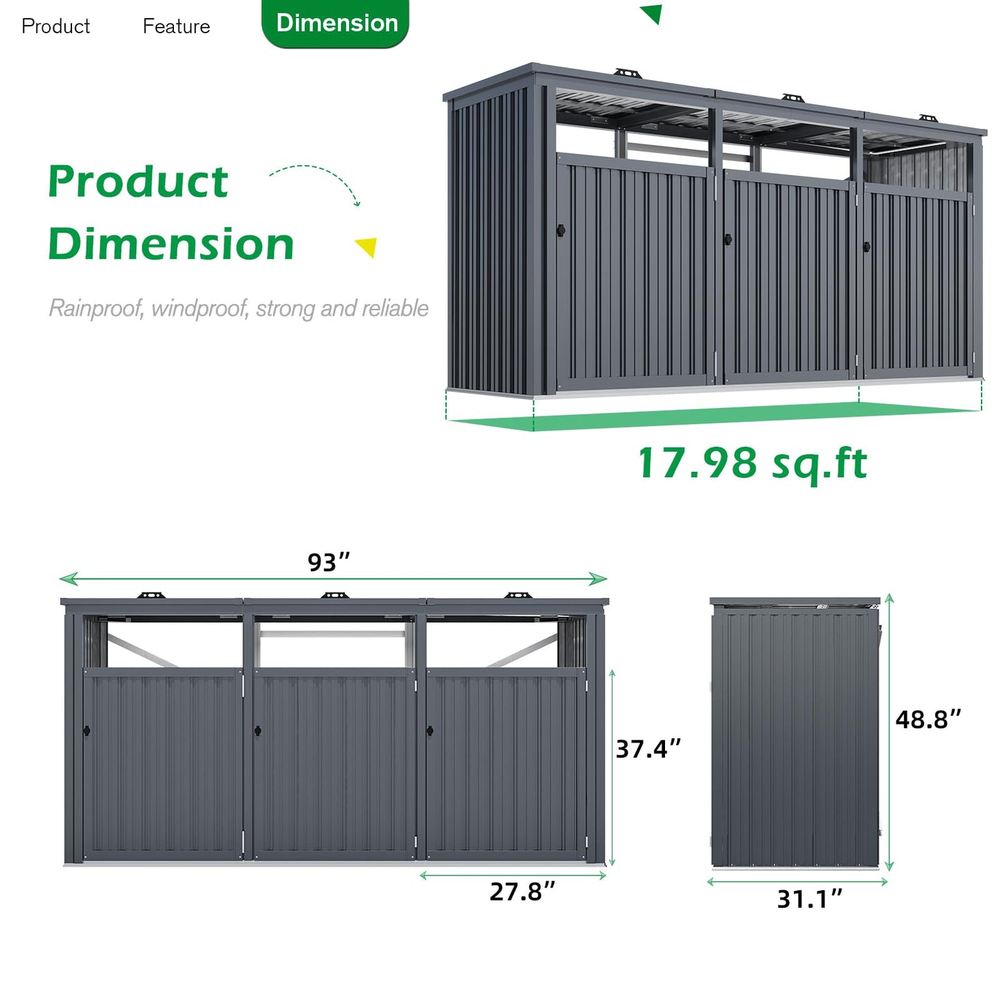 YODOLLA 73 Cu.Ft Outdoor Trash Can Storage Shed for 3 Garbage Cans