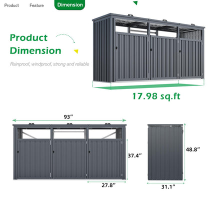 YODOLLA 73 Cu.Ft Outdoor Trash Can Storage Shed for 3 Garbage Cans