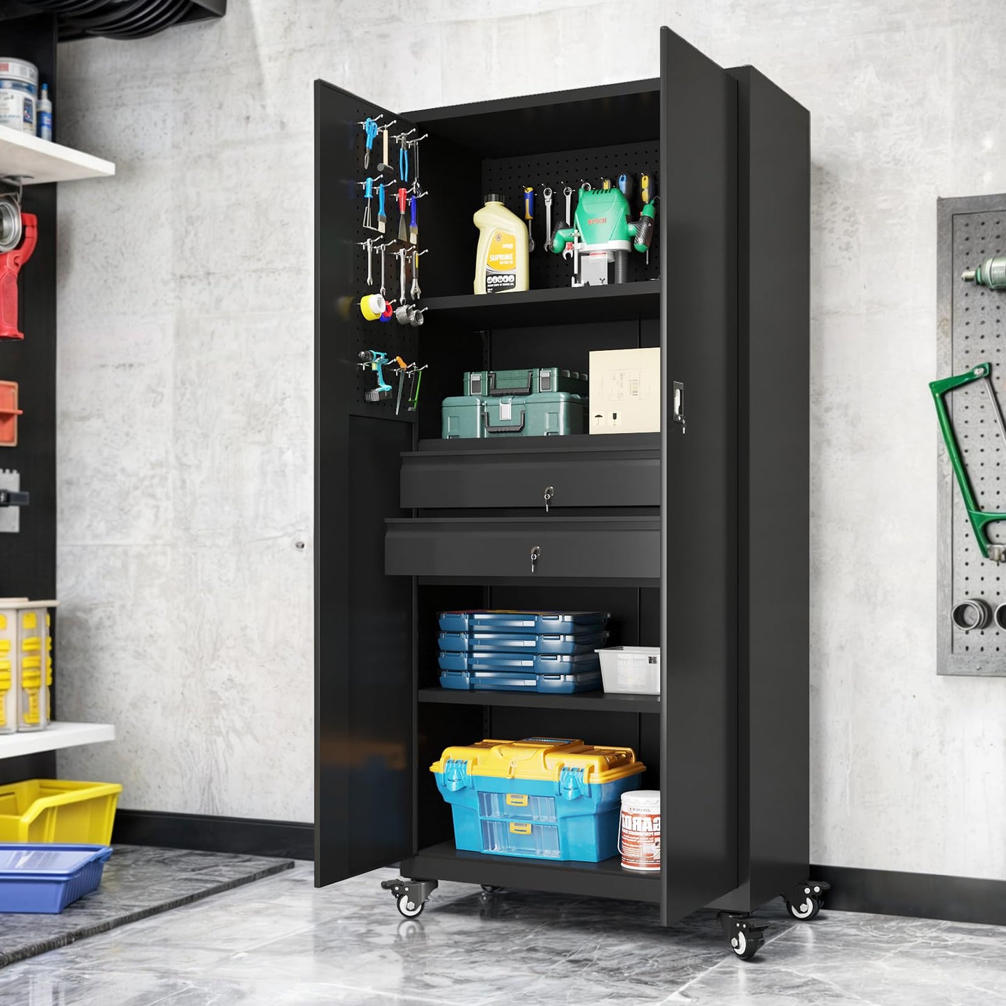 YODOLLA 71" Metal Garage Storage Cabinet with Drawers and Wheel