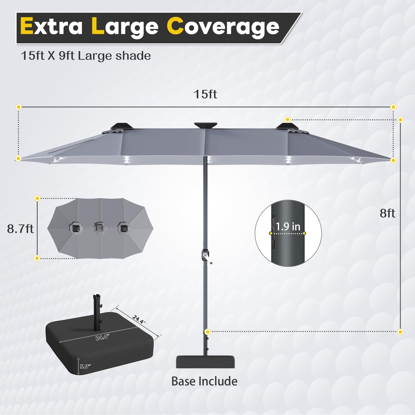 YODOLLA 15ft Double-Sided Patio Umbrella Outdoor Rectangle Umbrella with Base, Grey