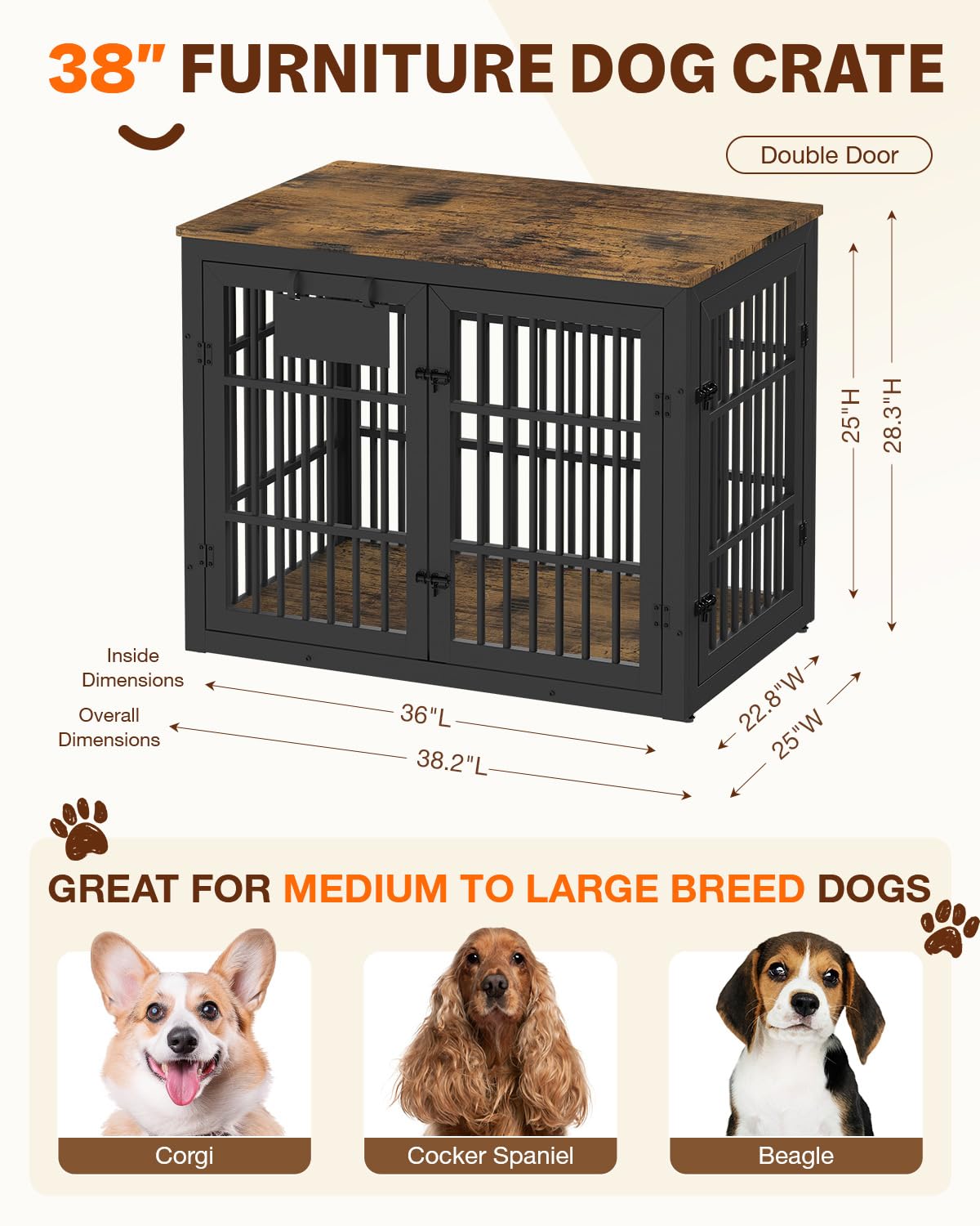 YODOLLA 38" Dog Crate Furniture Heavy Duty Dog Kennel Indoor with Name Tag