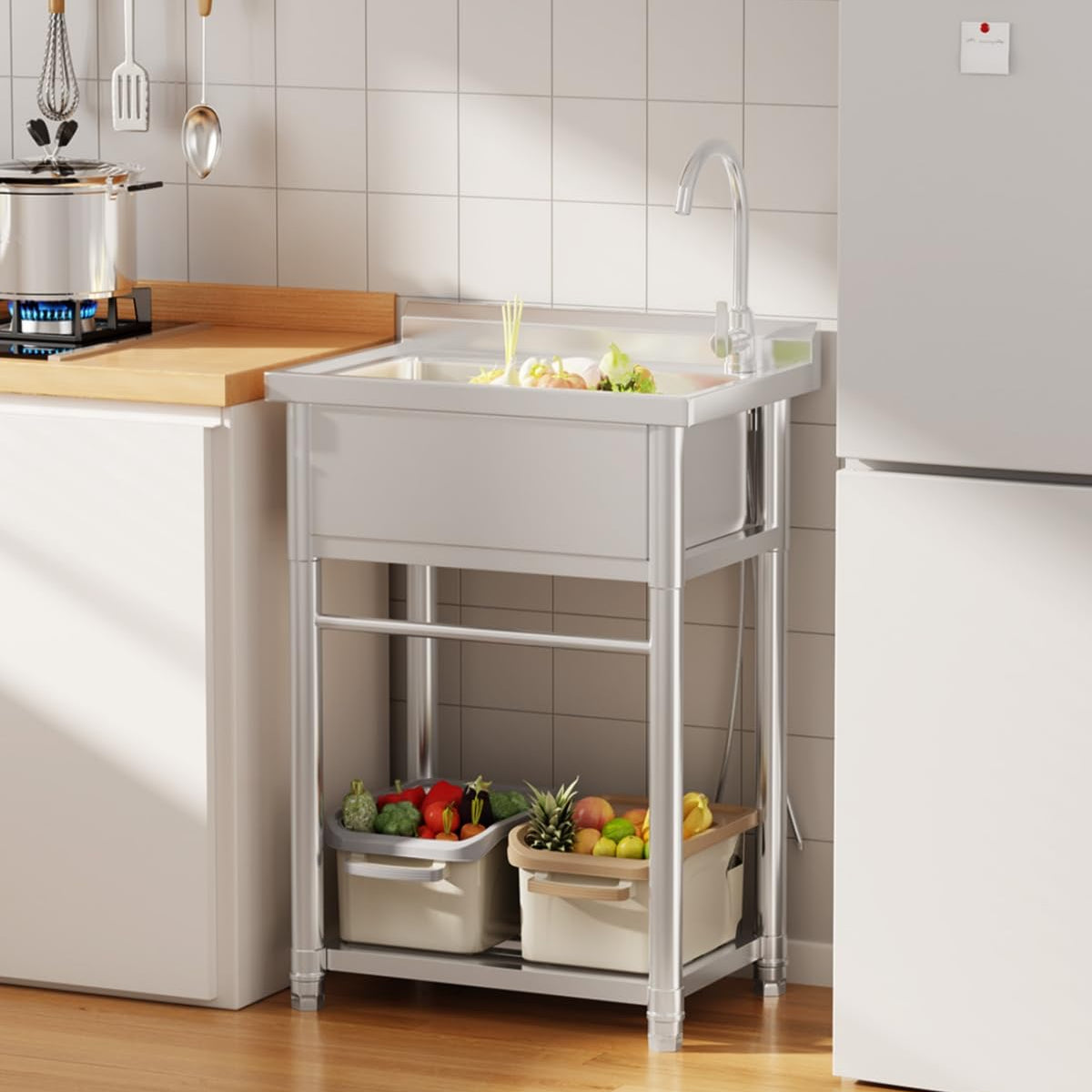 YODOLLA Stainless Steel Utility Sink Free Standing Single Bowl Commercial Kitchen Sinks