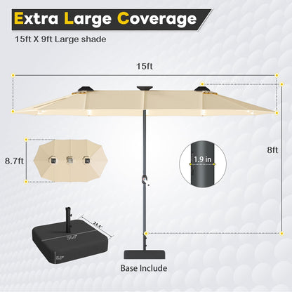 YODOLLA 15ft Double-Sided Patio Umbrella Outdoor Rectangle Umbrella with Base, Tan