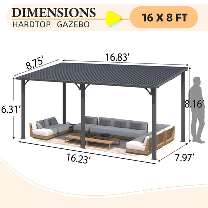 YODOLLA 16' x 8' Outdoor Hardtop Metal Gazebo Lean to Galvanized Steel Wall Mounted Pergolas
