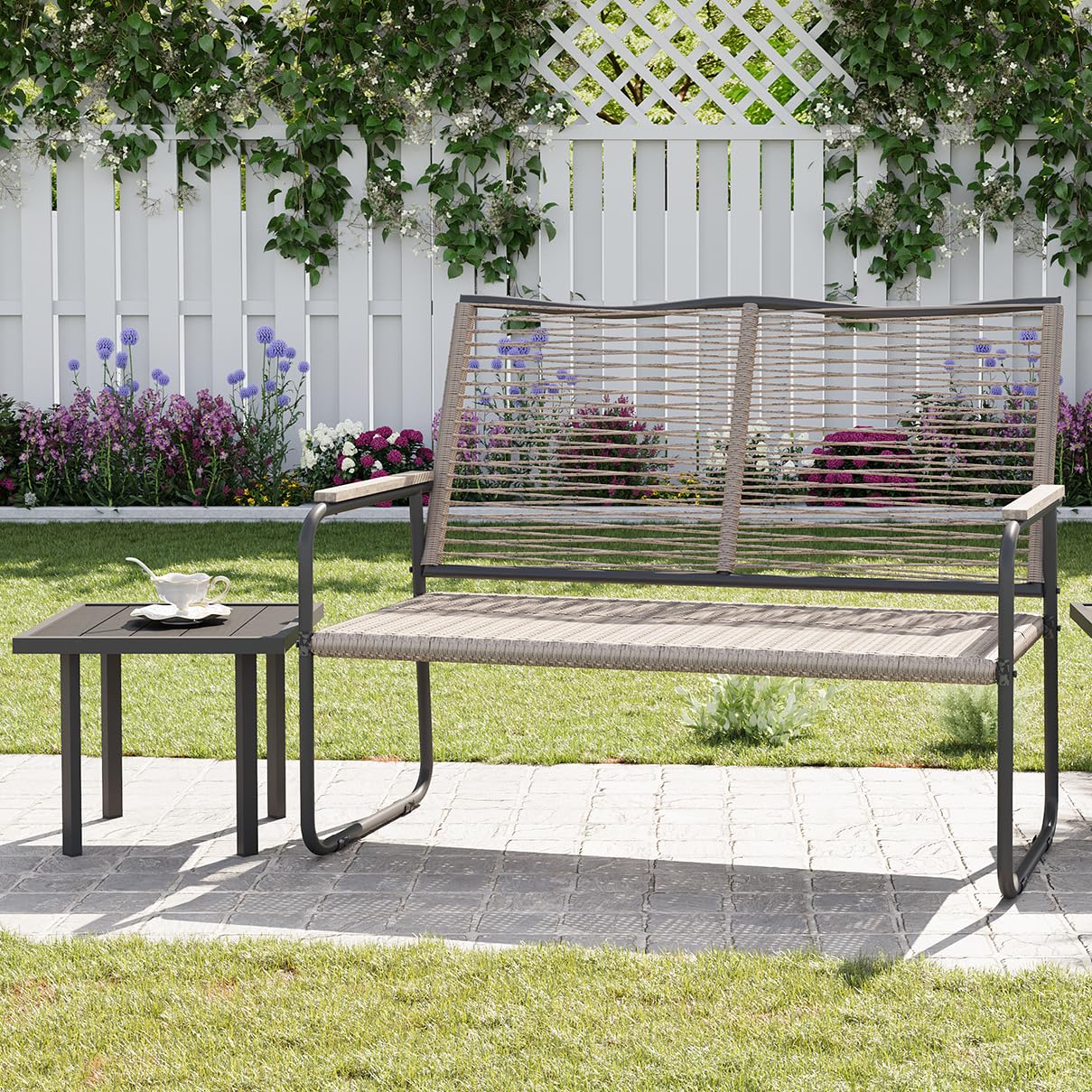 YODOLLA Outdoor Dining Set, Metal Frame Patio 2PCS (Vine Back Bench+Side Table)