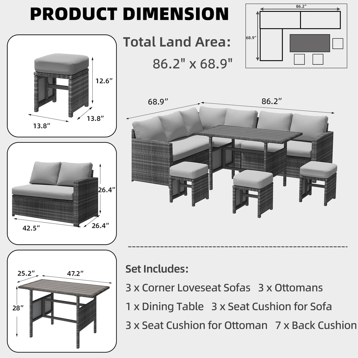 YODOLLA 7-Pc Patio Set, Grey Rattan & Grey Cushion